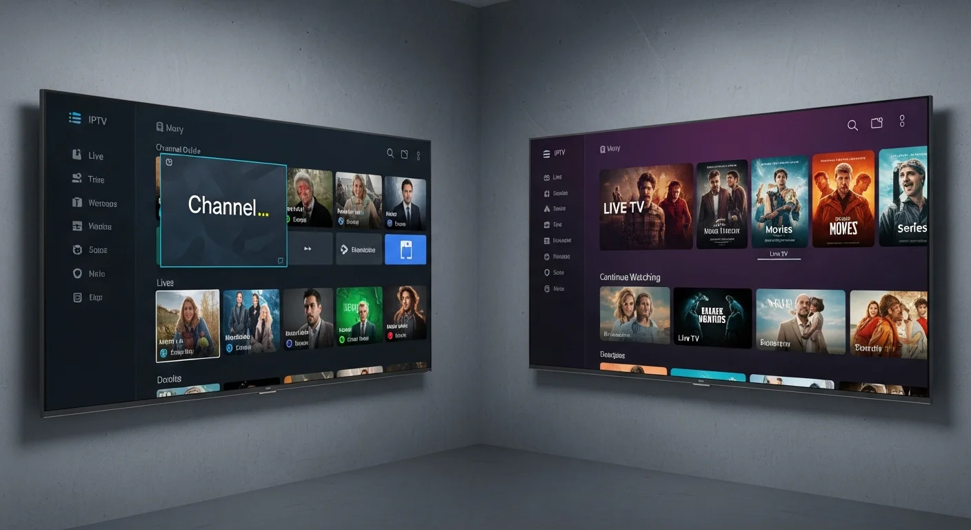 IBO Player und IPTV Smarters App im direkten Vergleich auf zwei Smart TV Bildschirmen
