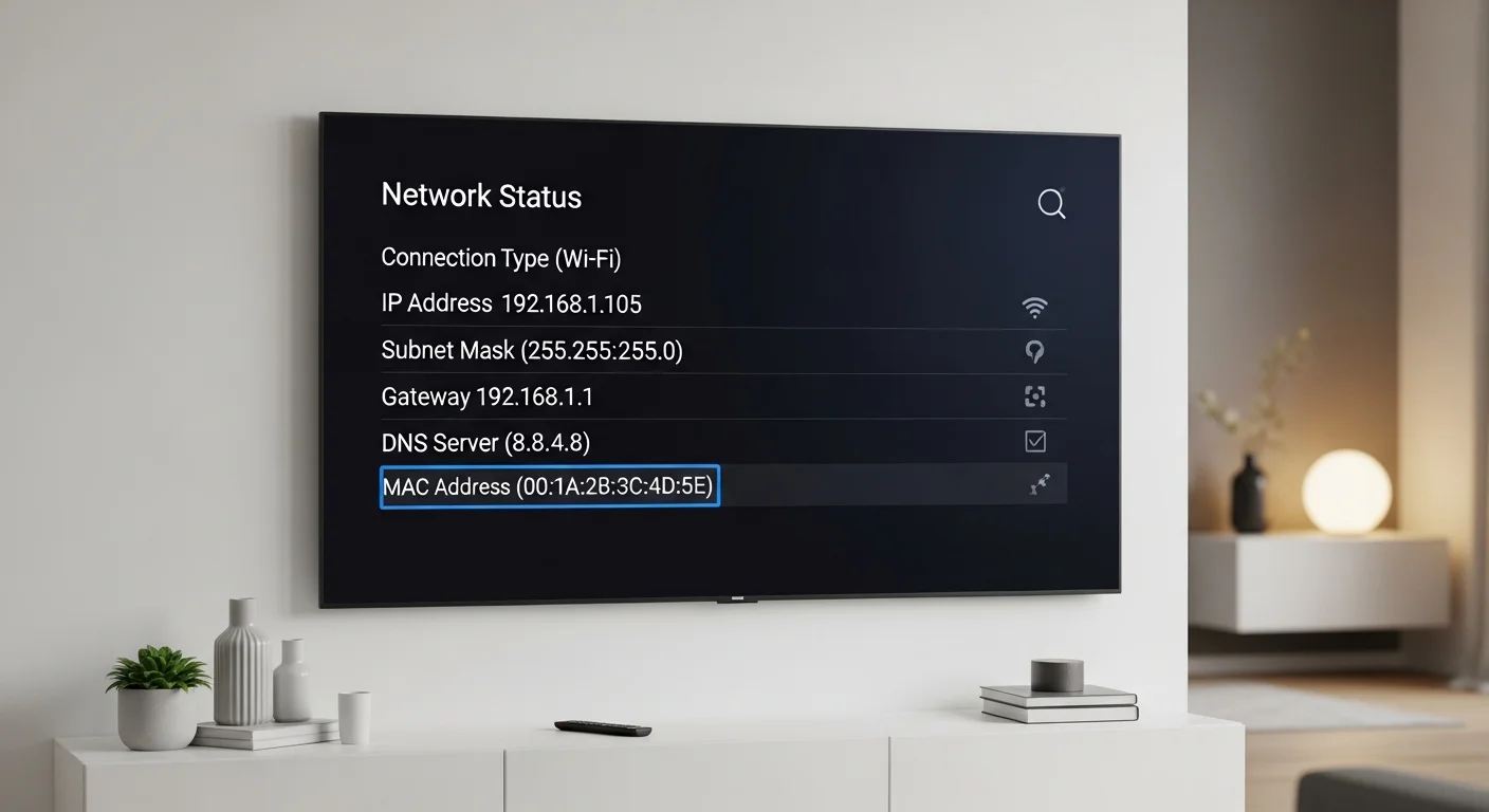 Smart TV Netzwerkeinstellungen zeigen MAC-Adresse und Device Key fuer IBO Player