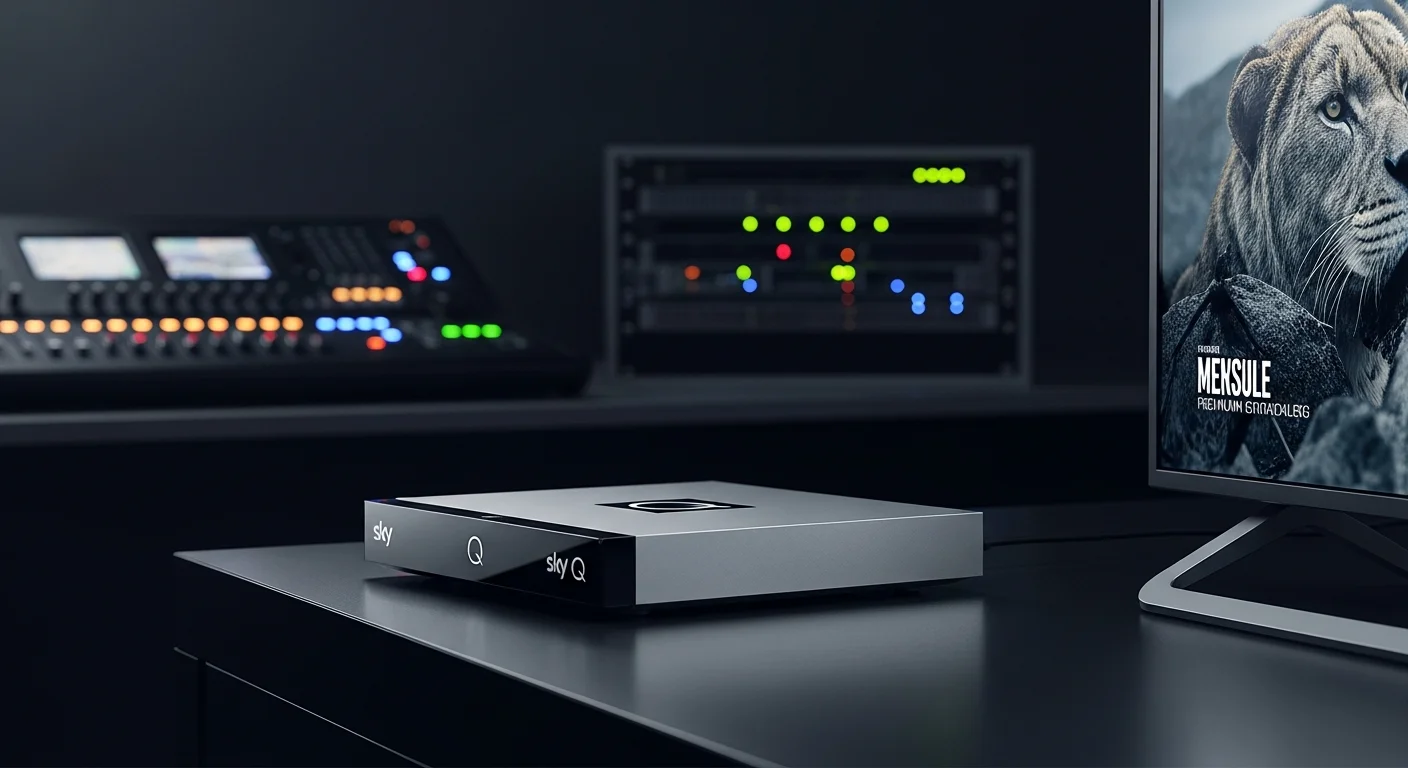 Sky Q Receiver Box neben modernem Smart TV als kostenpflichtiger TV-Dienst